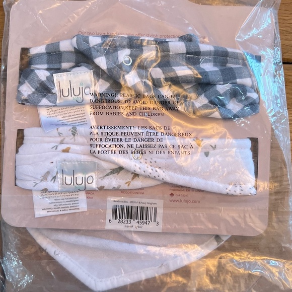 lulujo. Baby bandana bibs. 2 piece Fish and Navy Gingham patterns. NWT. - Picture 4 of 4